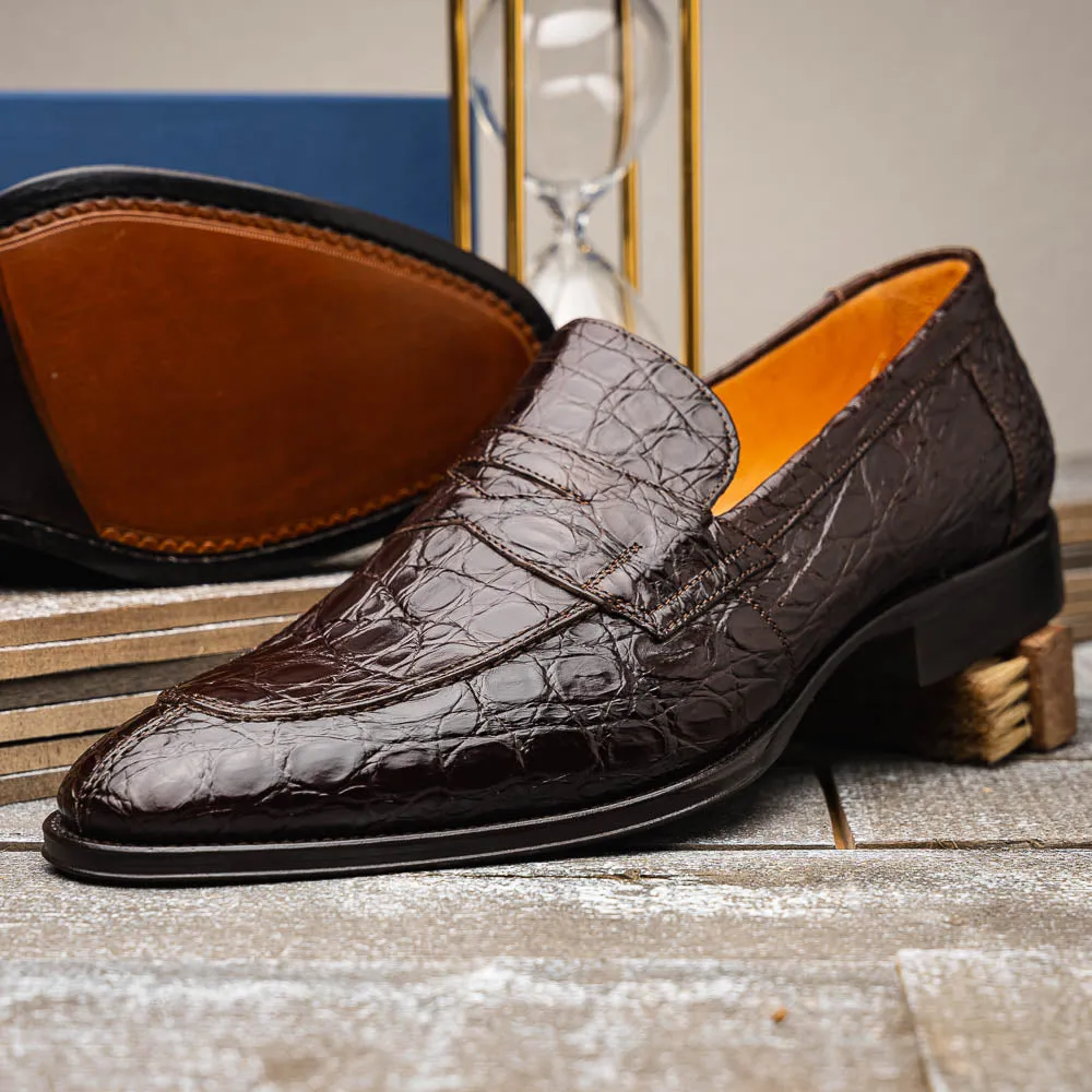 11-201-NIC ROMA Crocodile Penny Loafer, Nicotine