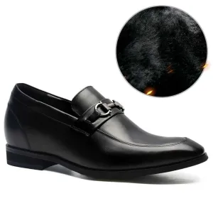 7 CM /2.76 Inches - CMR CHAMARIPA Men Shoes With Heels Bit Loafers Black Leather Fur Lined Winter Shoes