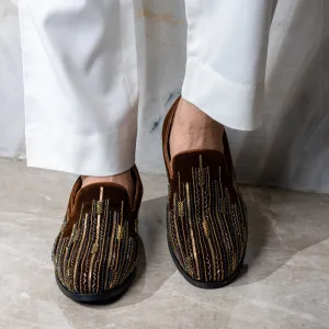 ASYMMETRIC EMBROIDERY SLIP-ONS-BROWN