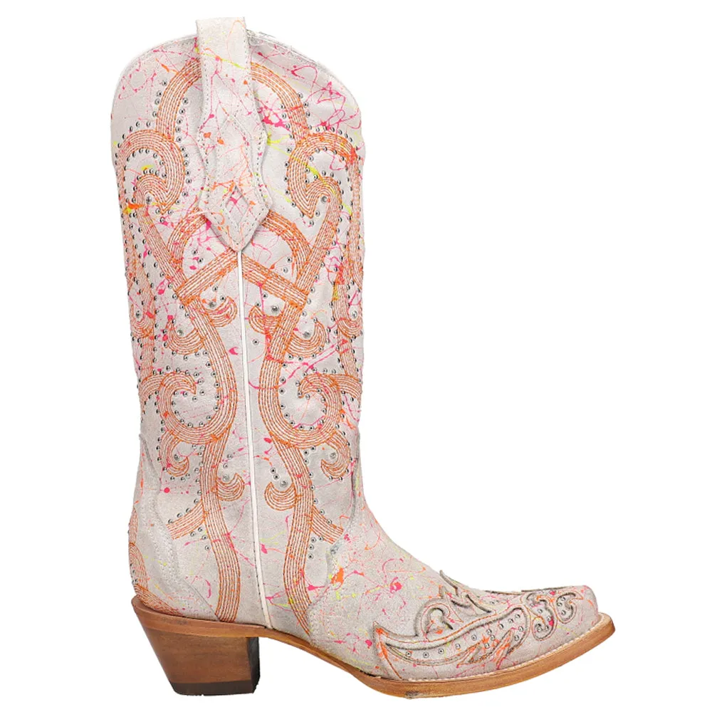 Fluorescent Embroidery Tooled-Inlay Studded Snip Toe Cowboy Boots