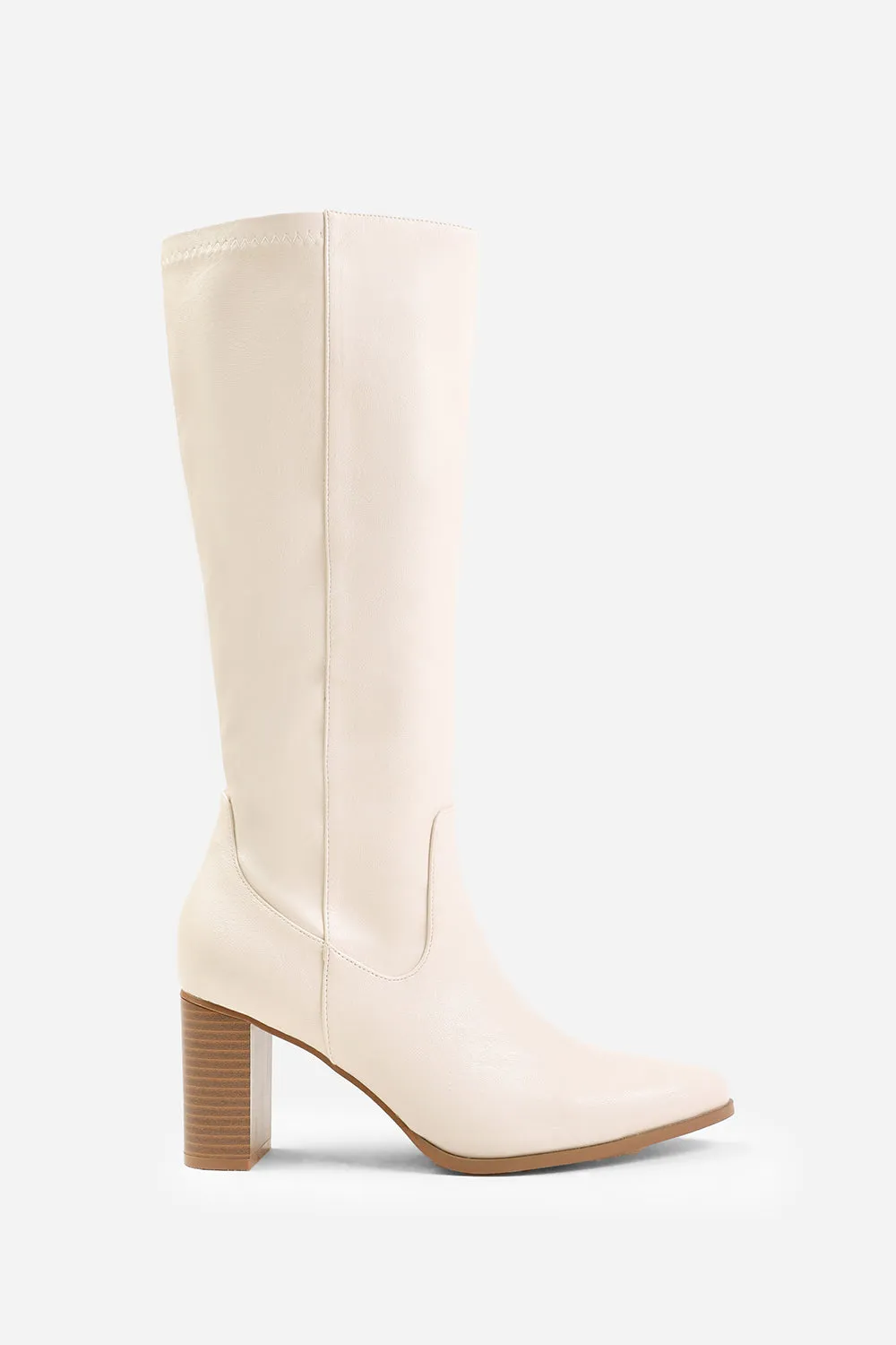 HAWTHORN STRETCH WIDE CALF BLOCK HEEL KNEE HIGH BOOTS WITH STITCH DETAIL IN WIDE E FIT IN CREAM FAUX LEATHER