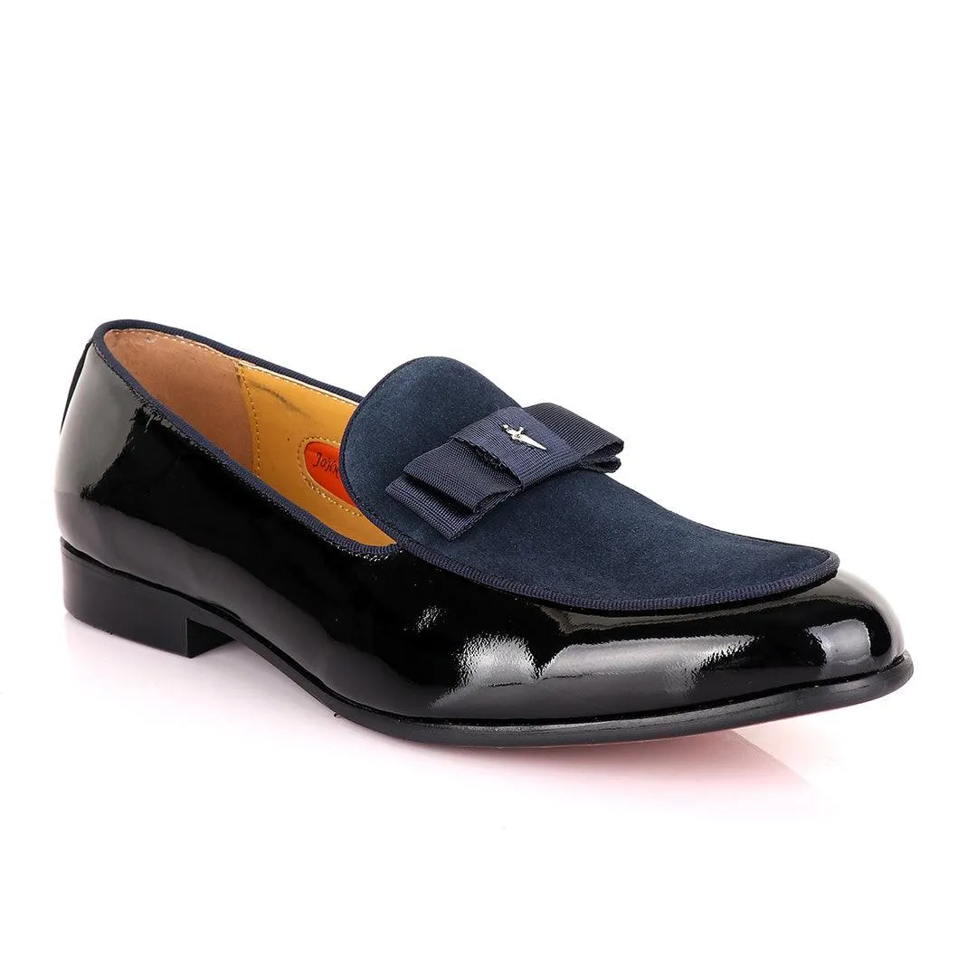 John Mendson Black Patent Bow With Blue Suede Loafers