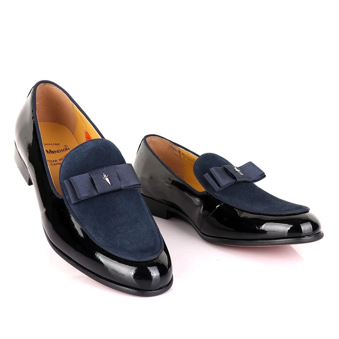 John Mendson Black Patent Bow With Blue Suede Loafers