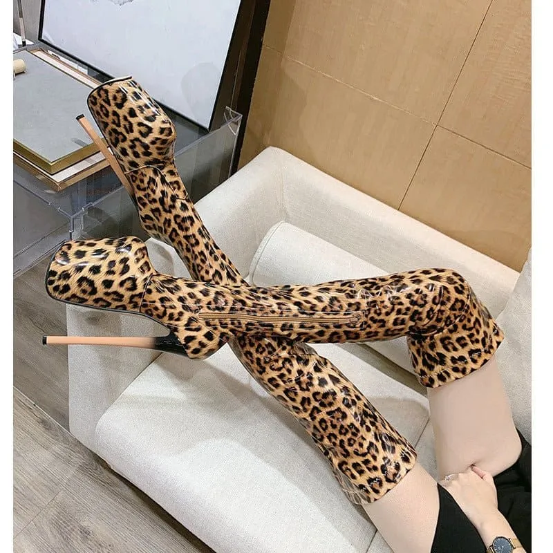 Leopard Print Patent Thigh Length Unisex Boots for Bold Styles