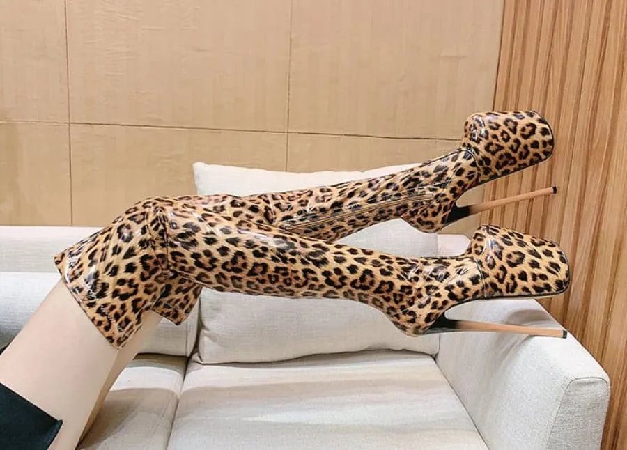 Leopard Print Patent Thigh Length Unisex Boots for Bold Styles