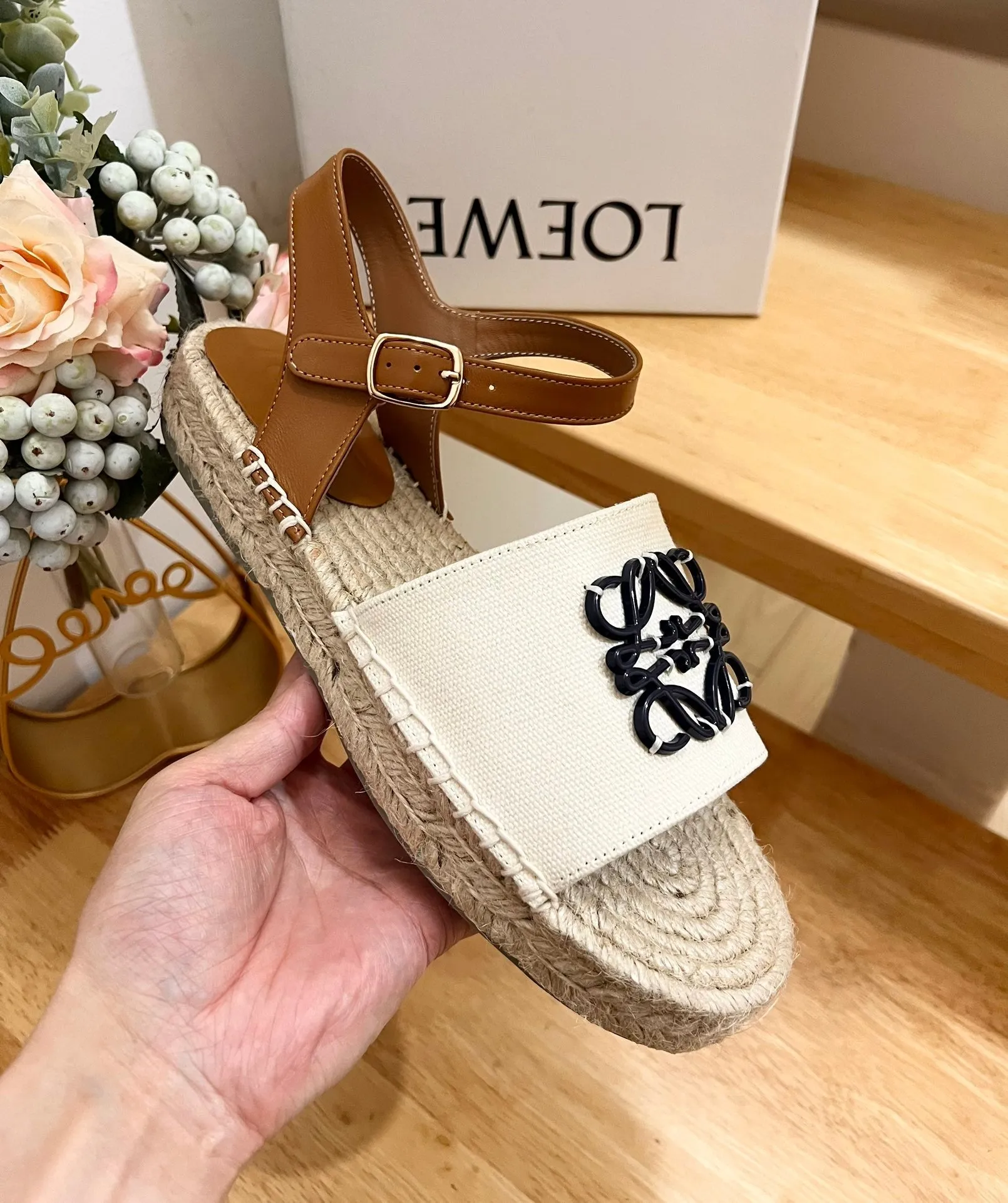 Loew Anagram Black logo White Brown Beige Leather And Canvas Espadrille Sandals