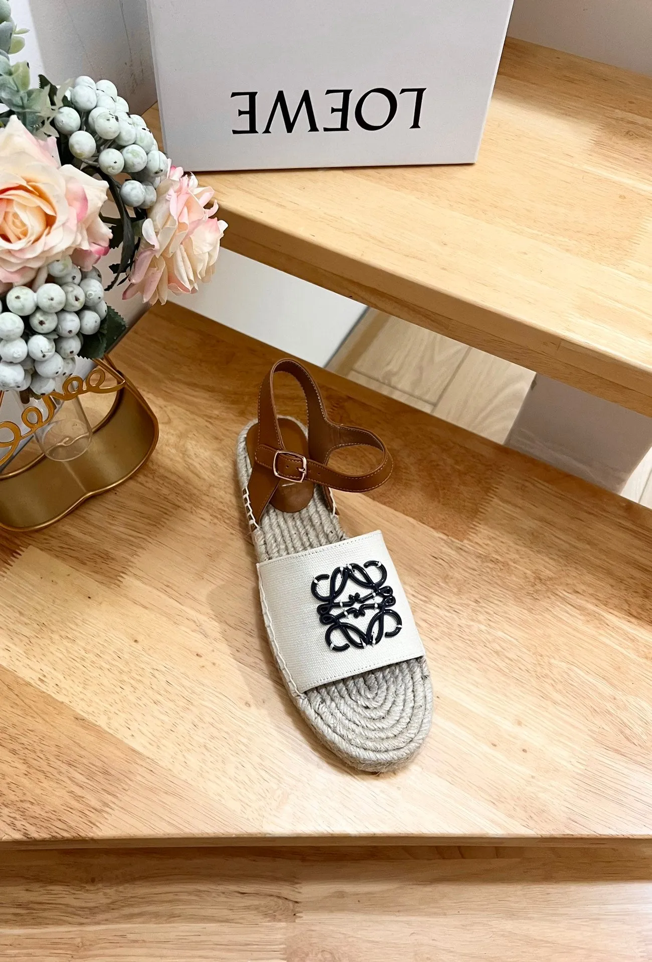 Loew Anagram Black logo White Brown Beige Leather And Canvas Espadrille Sandals