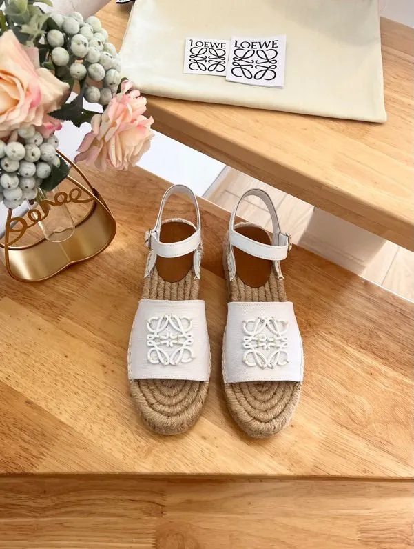 Loew Anagram White Beige Leather And Canvas Espadrille Sandals