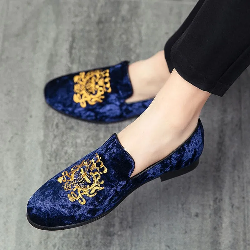 Navy Blue Velour Embroidered Formal Shoes for Men