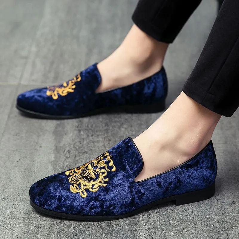 Navy Blue Velour Embroidered Formal Shoes for Men