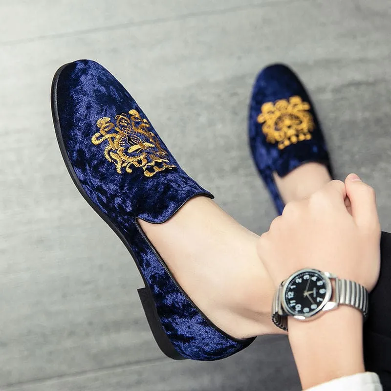 Navy Blue Velour Embroidered Formal Shoes for Men