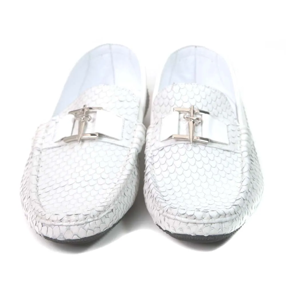 Sigotto Uomo White Embossed Snake Print Loafer with Rubber Sole