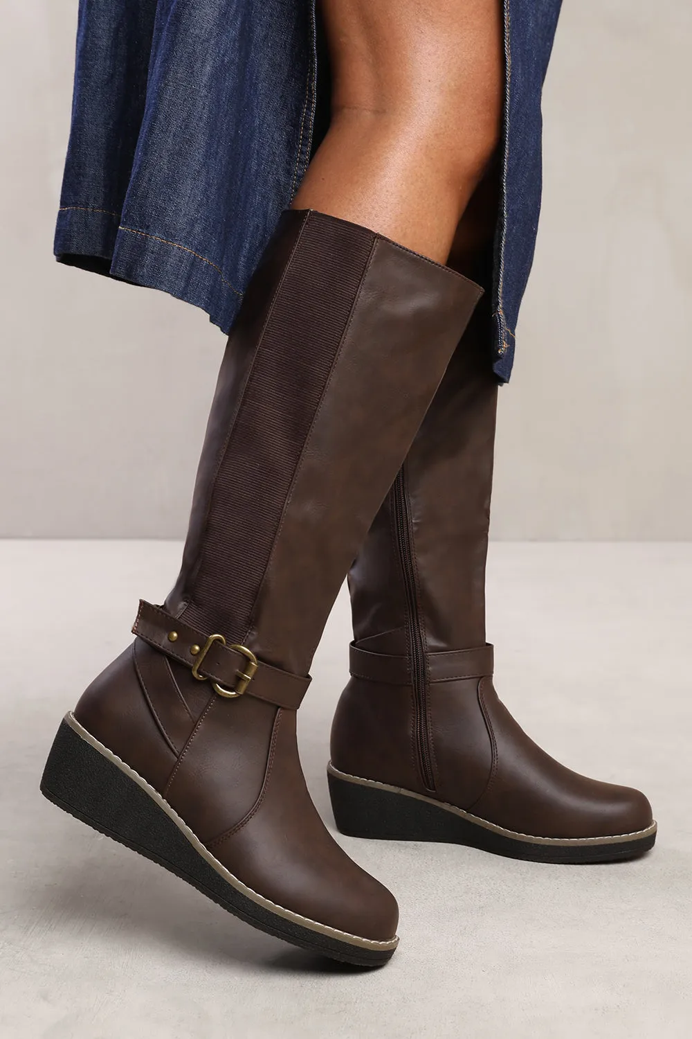 VANDA WEDGE HEEL KNEE HIGH BOOTS WITH ELASTIC PANEL IN BROWN