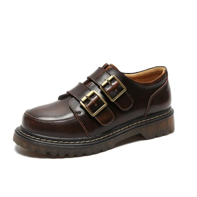 Women Retro Round Head Double Buckle Leather JK Loafers Shoes